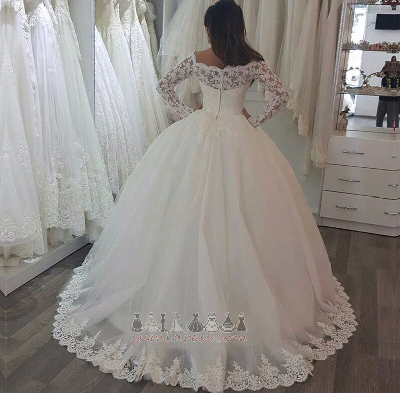 Formal Lace Overlay Off Shoulder Natural Waist Sweep Train Illusion Sleeves Wedding Dress