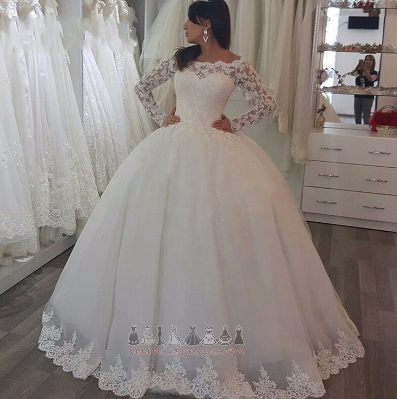 Formal Lace Overlay Off Shoulder Natural Waist Sweep Train Illusion Sleeves Wedding Dress