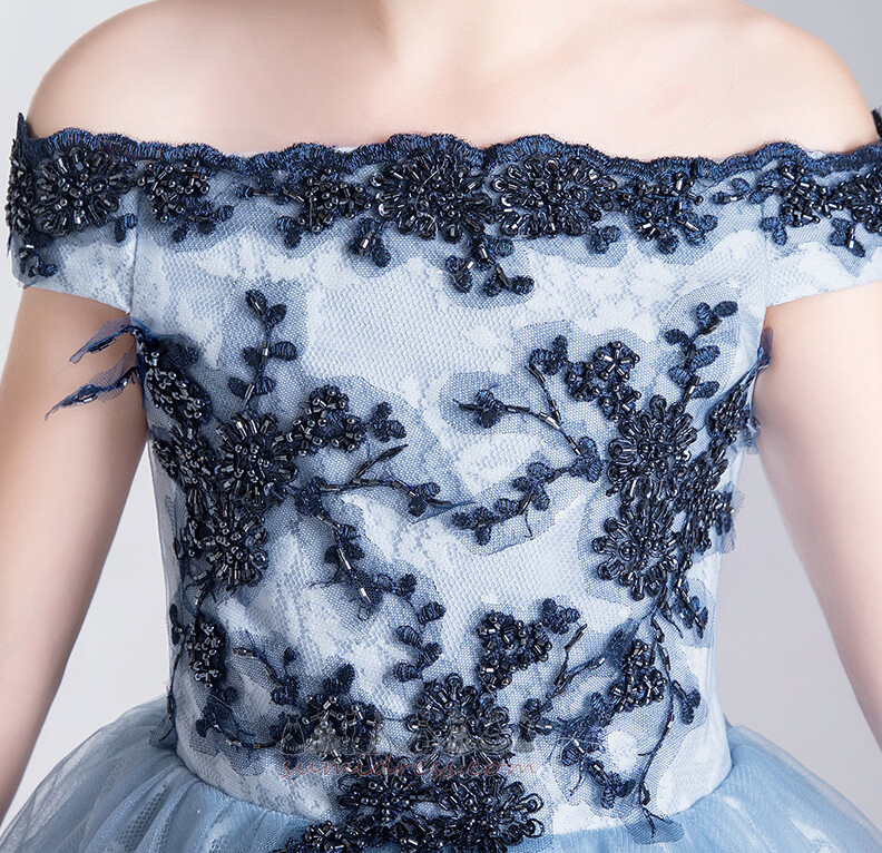 Formal Lace Tea Length Natural Waist Wedding Off Shoulder Flower Girl Dress