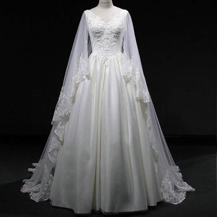 Formal Natural Waist Chapel Train Long Fall Lace Wedding gown