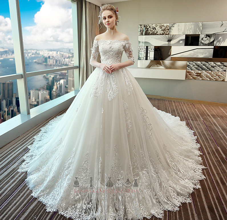 Formal Pompous Off Shoulder Illusion Sleeves Lace Lace Overlay Wedding Dress