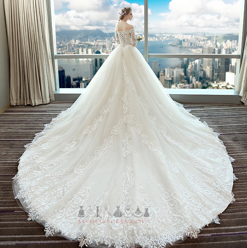 Formal Pompous Off Shoulder Illusion Sleeves Lace Lace Overlay Wedding Dress
