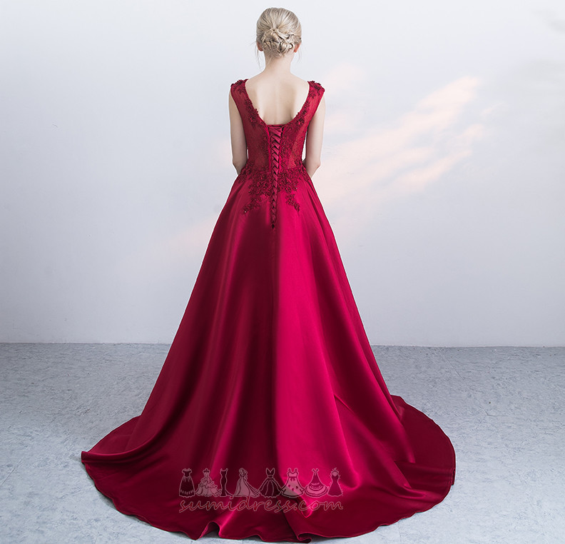 Formal Satin Inverted Triangle Sleeveless Long Applique Evening Dress