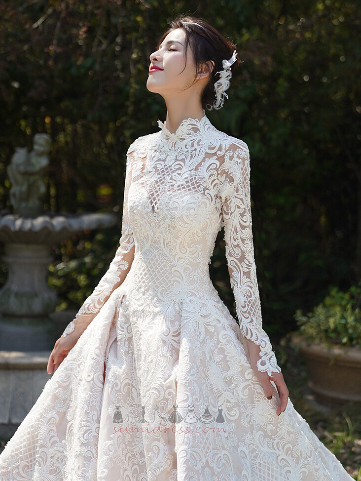 Formal Spring High Neck Natural Waist Lace Overlay Satin Wedding Dress