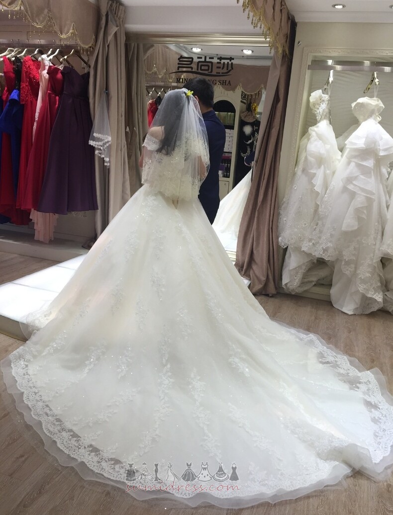 Формално дълго Линия Апликации Органза Таван ръкави сватбена рокля