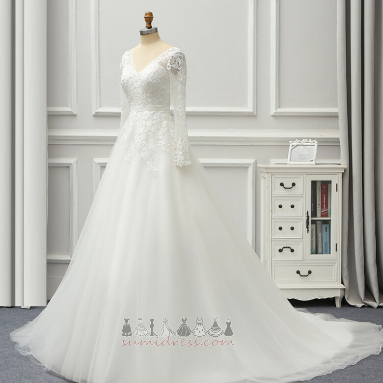 Формално V-образно деколте Илюзия ръкави Хол Дантела Дълги ръкави сватбена рокля
