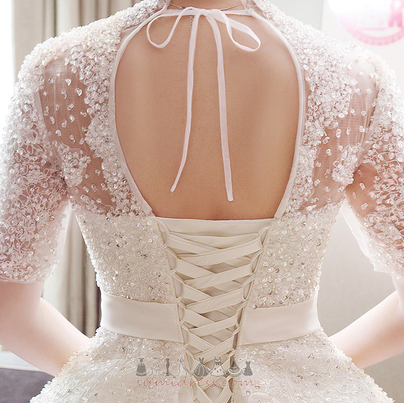 Футболка короткі рукави висока шия зал прикрашений ліф природні Талія Весільна сукня