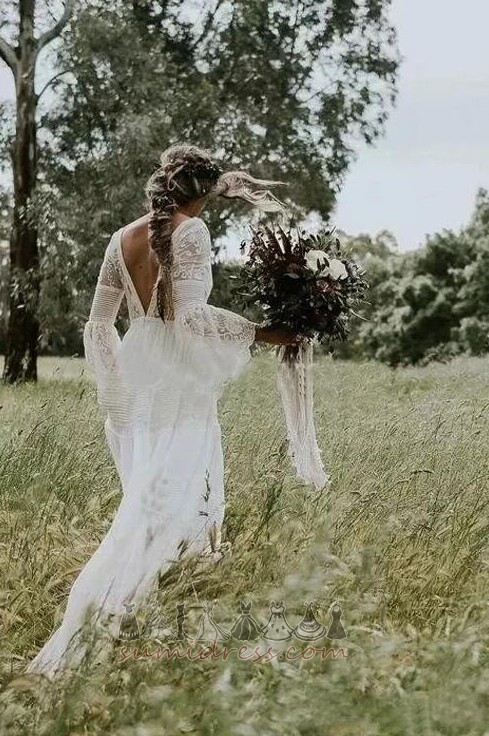 Garden Sweep Train Medium Long Sleeves Lace Deep v-Neck Wedding Dress