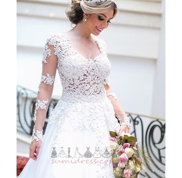 Giliai v-Neck Elegantiškas Ilgai Ornamento formavimas Ilgomis rankovėmis Satino Vestuvinės suknelė