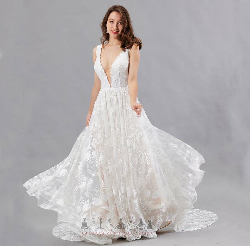 Глибокий V шиї безрукавний мереживо розгортки поїзд лінія природні Талія Весільна сукня