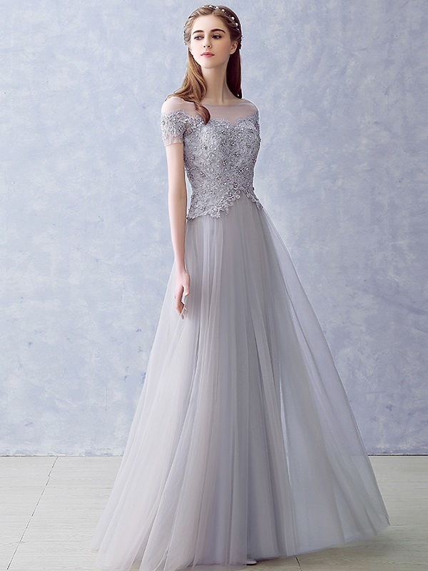 Gulvet længde Lynlås A-linje Korte ærmer Naturlig Talje Elegant Aften kjole
