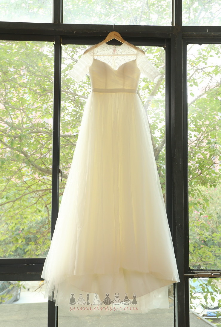 Half Sleeves Floor Length Draped Zipper Up Summer A-Line Wedding Dress