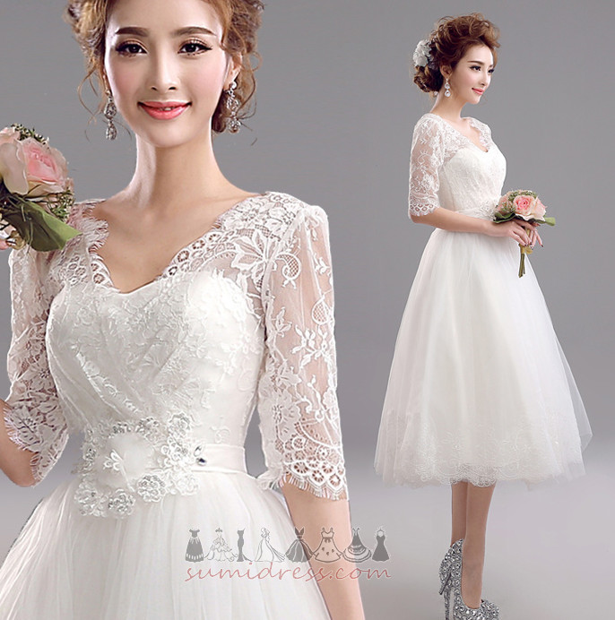 Half Sleeves V-Neck Tea Length Natural Waist Lace Simple Wedding Dress