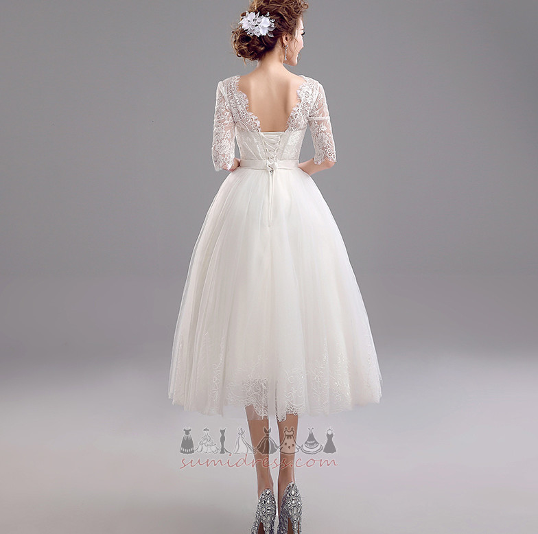 Half Sleeves V-Neck Tea Length Natural Waist Lace Simple Wedding Dress