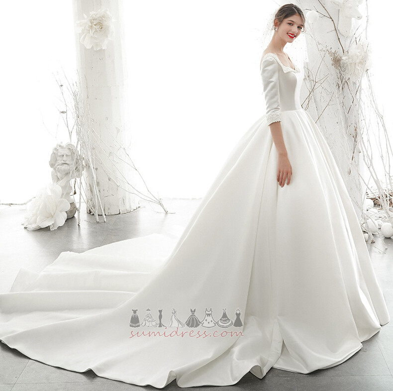 Hall 3/4 Length Sleeves Square Draped A-Line Natural Waist Wedding Dress