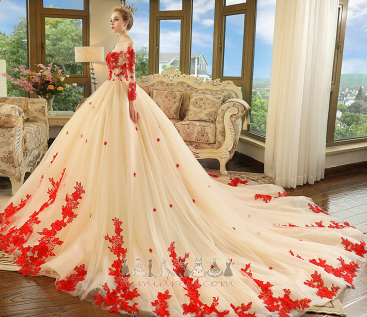 Hall Natural Waist Long Long Sleeves Royal Train Accented Rosette Wedding Dress