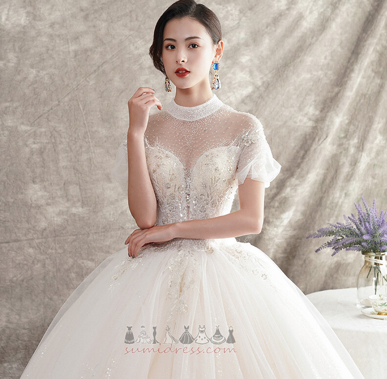 Hall Voile Pouf Sleeves Beading High Neck A-Line Wedding Dress