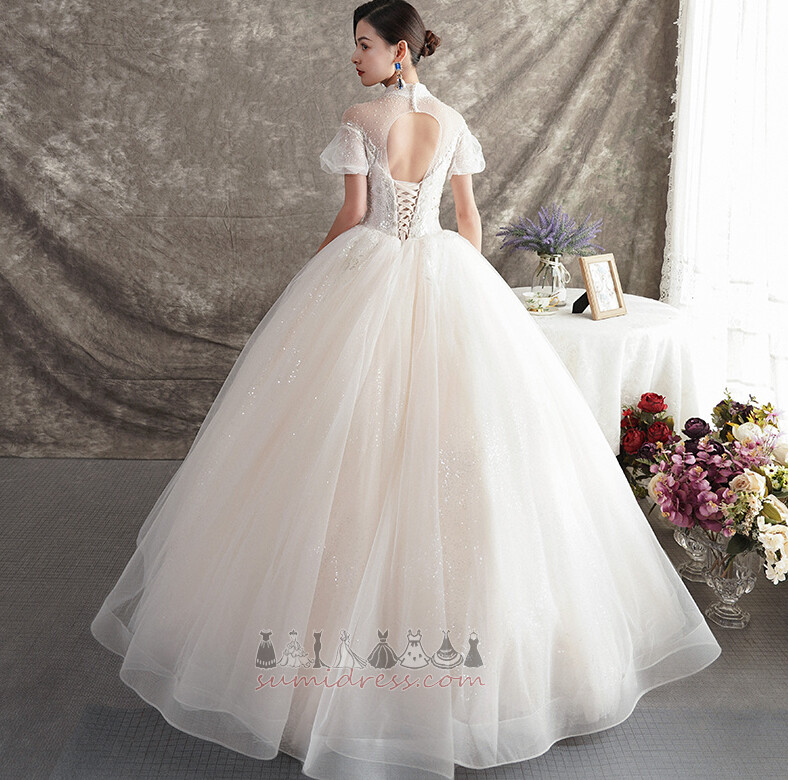 Hall Voile Pouf Sleeves Beading High Neck A-Line Wedding Dress