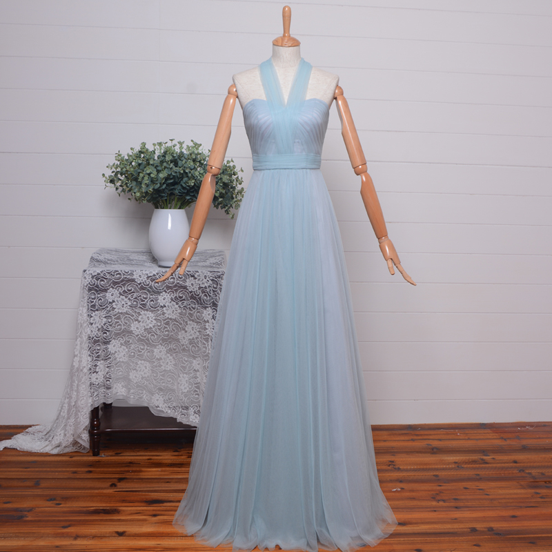 Halter Simple Natural Waist A-Line Lace-up Sweep Train Bridesmaid Dress