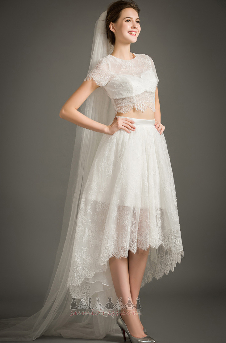 Hemline Asymmetrical Short Sleeves Lace Overlay Jewel Pear Lace Wedding Dress