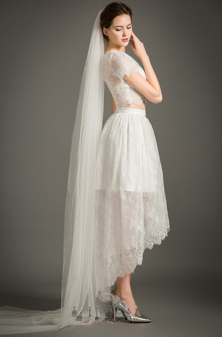 Hemline Asymmetrical Short Sleeves Lace Overlay Jewel Pear Lace Wedding Dress
