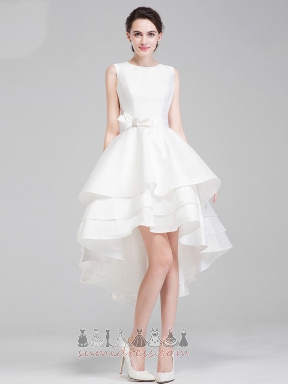 Hemline Asymmetrical Sleeveless Tiered Natural Waist Satin Outdoor Wedding Dress