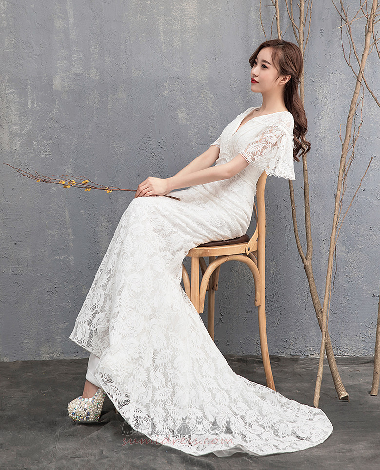 High Covered Sweep Train Deep v-Neck Pleated Fall Illusion Sleeves Wedding Dress