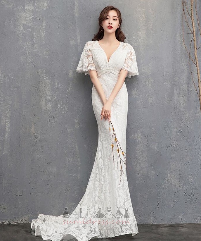 High Covered Sweep Train Deep v-Neck Pleated Fall Illusion Sleeves Wedding Dress