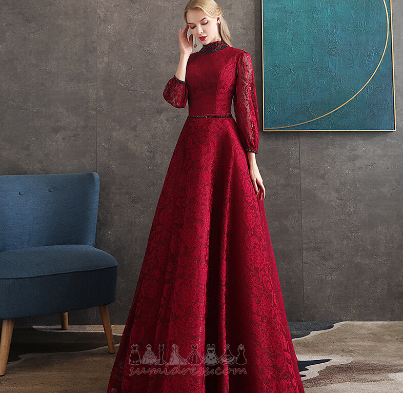 High Neck A-Line Beading Lace Illusion Sleeves Winter Evening Dress