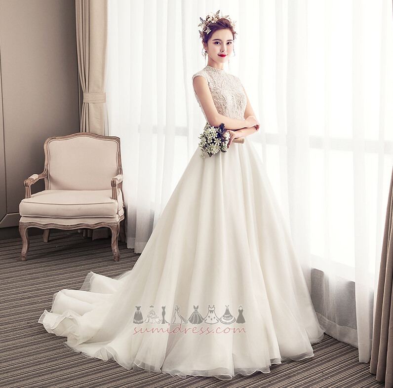 High Neck Jewel Bodice Lace-up Natural Waist Organza A-Line Wedding Dress