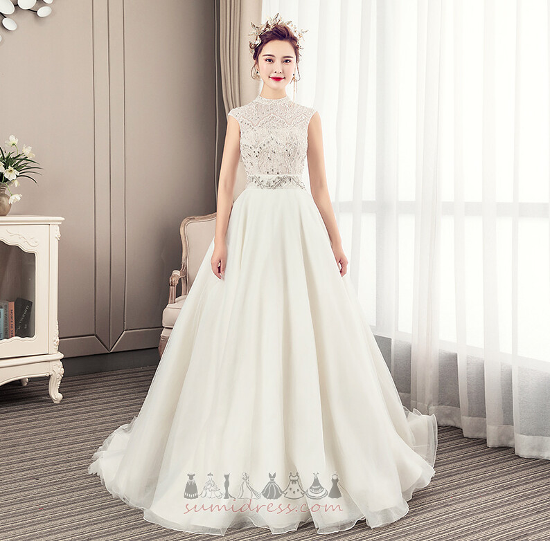 High Neck Jewel Bodice Lace-up Natural Waist Organza A-Line Wedding Dress