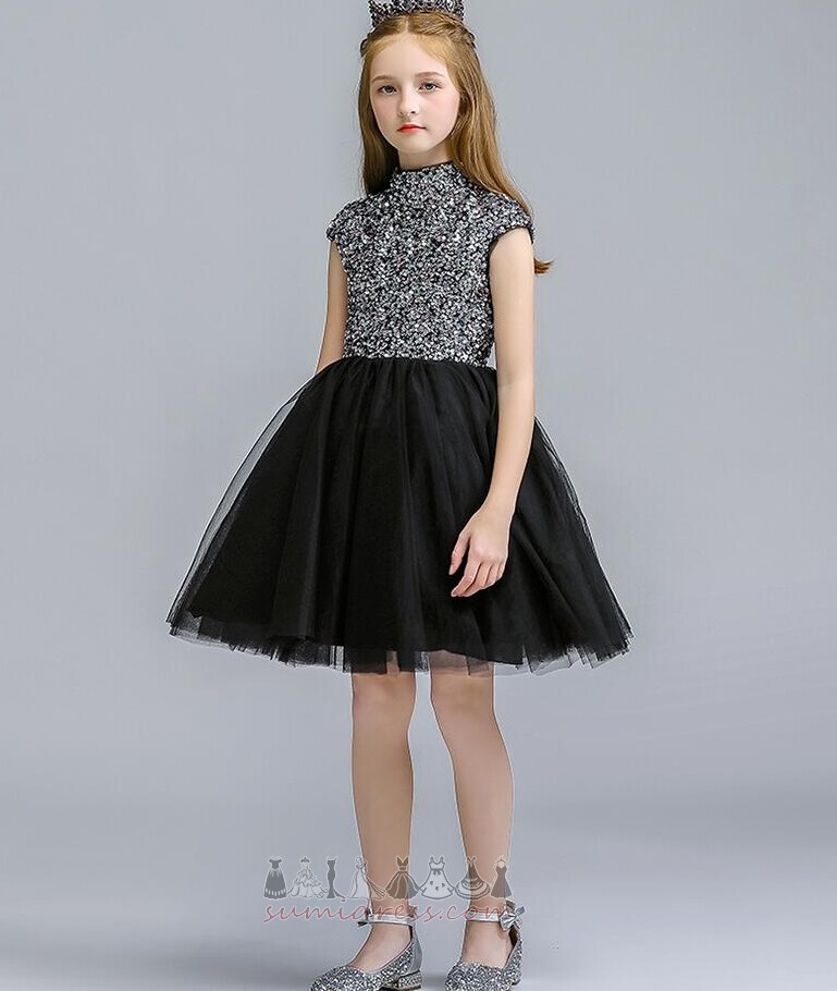 High Neck Sequined Short Sleeves A-Line Sequined Bodice Sparkle Flower Girl Dress