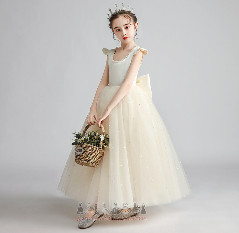 Horseshoe Neck A-Line Backless Natural Waist Accented Bow Tulle Flower Girl Dress