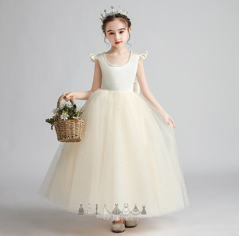 Horseshoe Neck A-Line Backless Natural Waist Accented Bow Tulle Flower Girl Dress