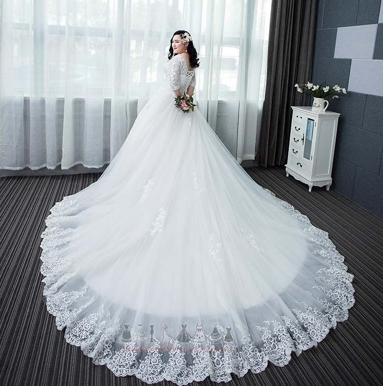 Hourglass Natural Waist Formal Cathedral Train Half Sleeves Long Wedding Dress