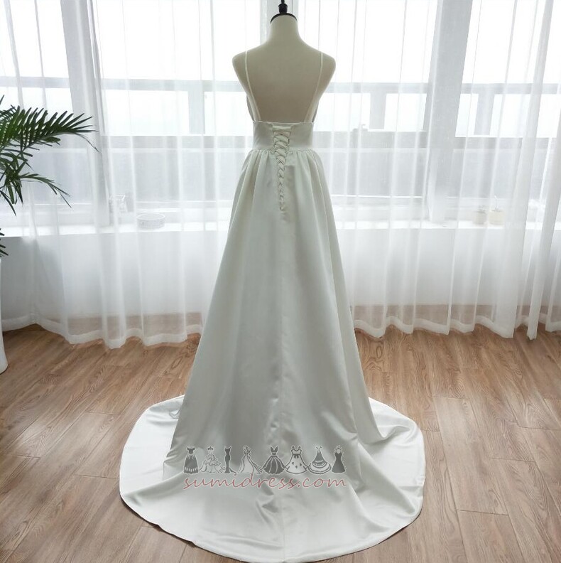 Ilgai Puoštas Gamtos juosmens Berankovis V-kaklo Satino Vestuvinės suknelė