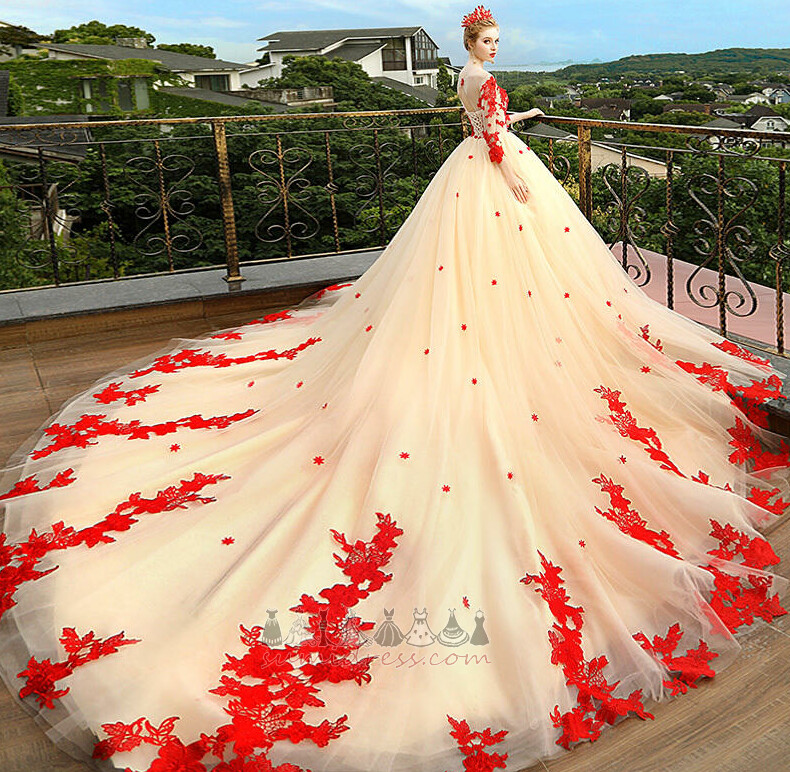 Ilgai Salė Royal geležinkelio Ilgomis rankovėmis Kirčiuotas rozetė Vestuvinė suknelė