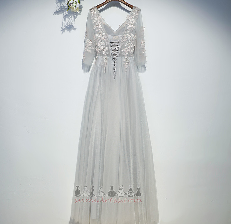 Илюзия ръкави Елегантен метене влак Дантела-нагоре V-образно деколте шаферка рокля