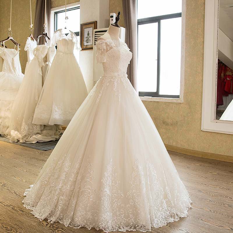 Illusie Lace-up Natuurlijk Off-The-Shoulder Kant Prinses Bruid jurk