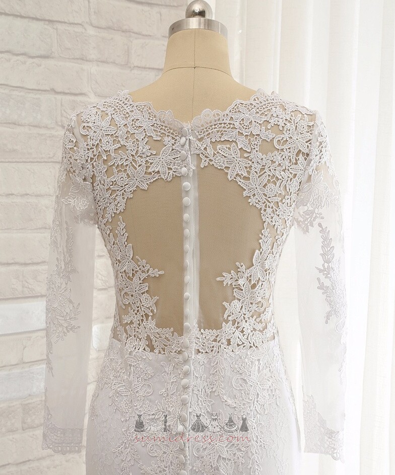Illusion Sleeves Elegant Long Natural Waist Long Sleeves Lace Wedding Dress