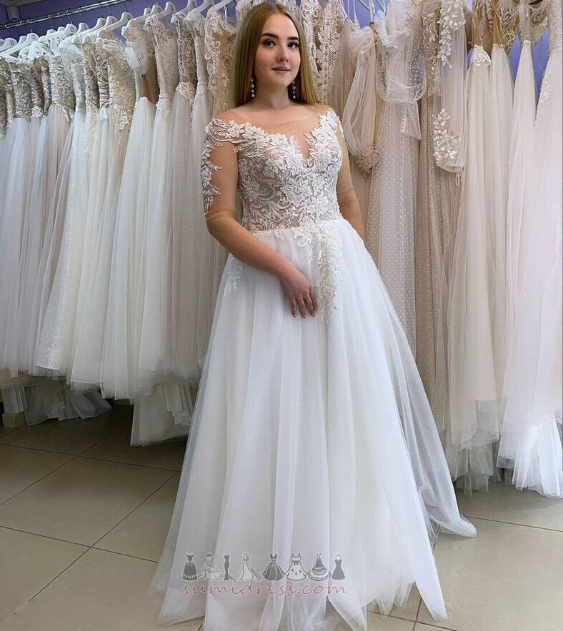 Illusion Sleeves Floor Length Elegant Natural Waist Inverted Triangle Wedding Dress
