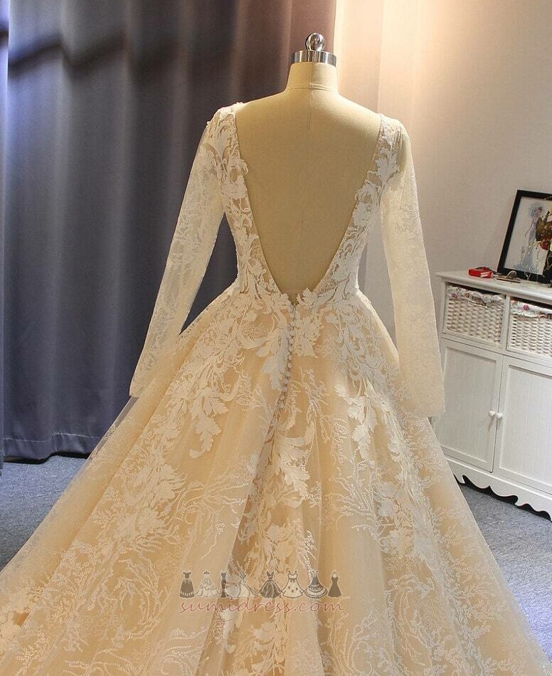 Illusion Sleeves Formal Cathedral Train Church V-Neck Satin Wedding Dress