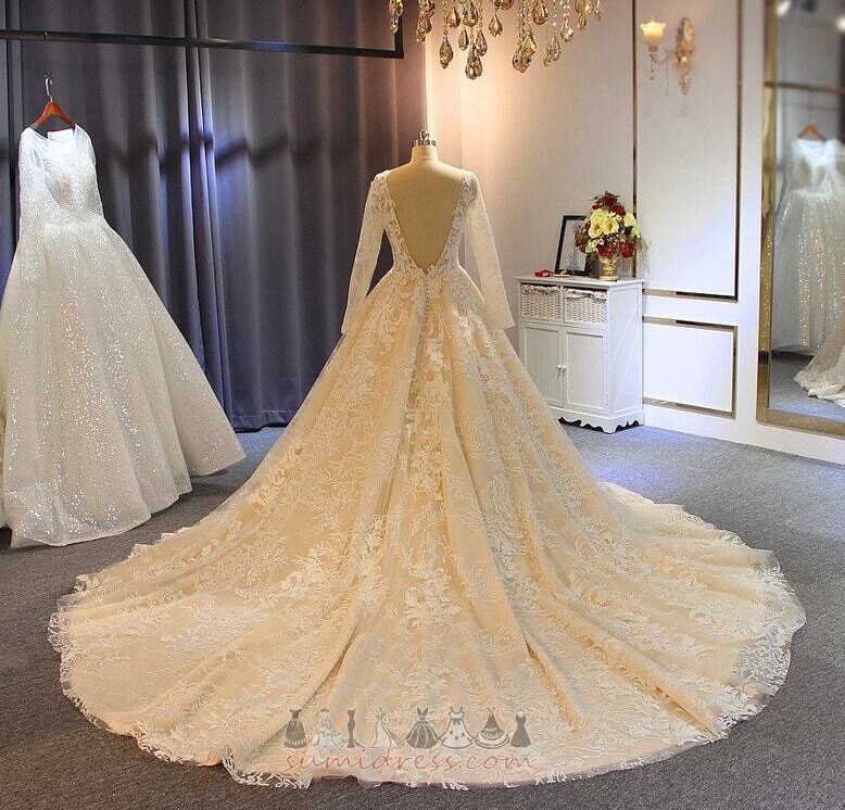Illusion Sleeves Formal Cathedral Train Church V-Neck Satin Wedding Dress