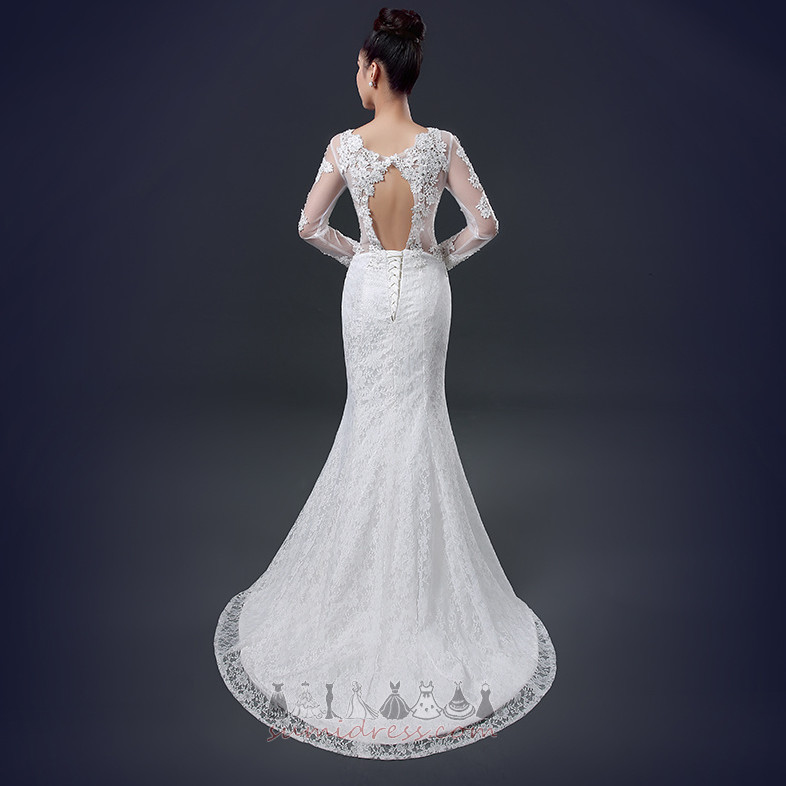 Illusion Sleeves Inverted Triangle Chapel Train V-Neck Outdoor Wedding Dress