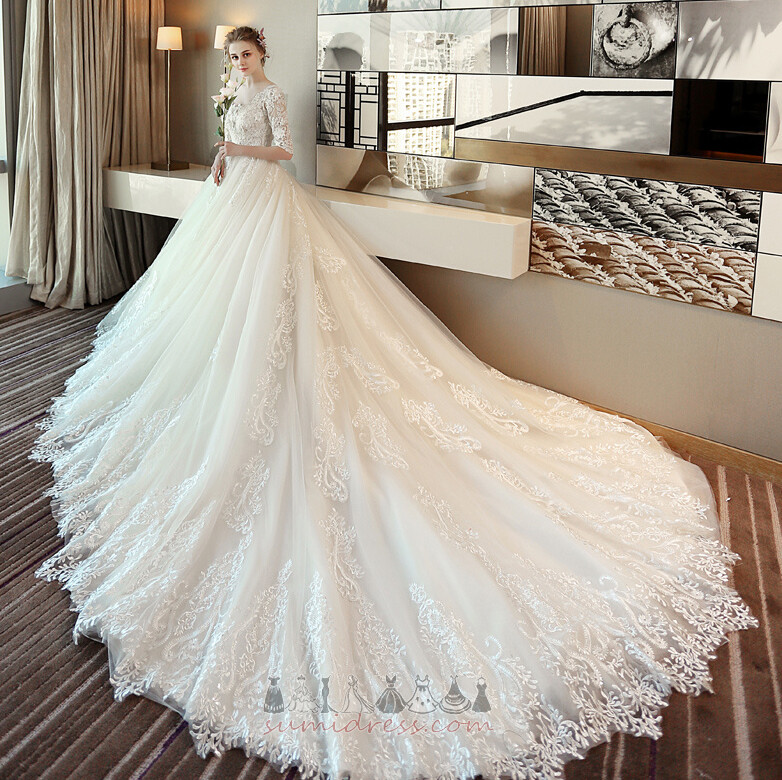 Illusion Sleeves Long Cathedral Train Formal Applique Satin Wedding Dress