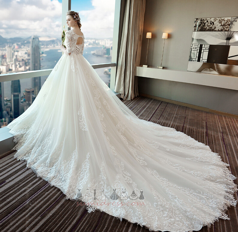 Illusion Sleeves Long Cathedral Train Formal Applique Satin Wedding Dress