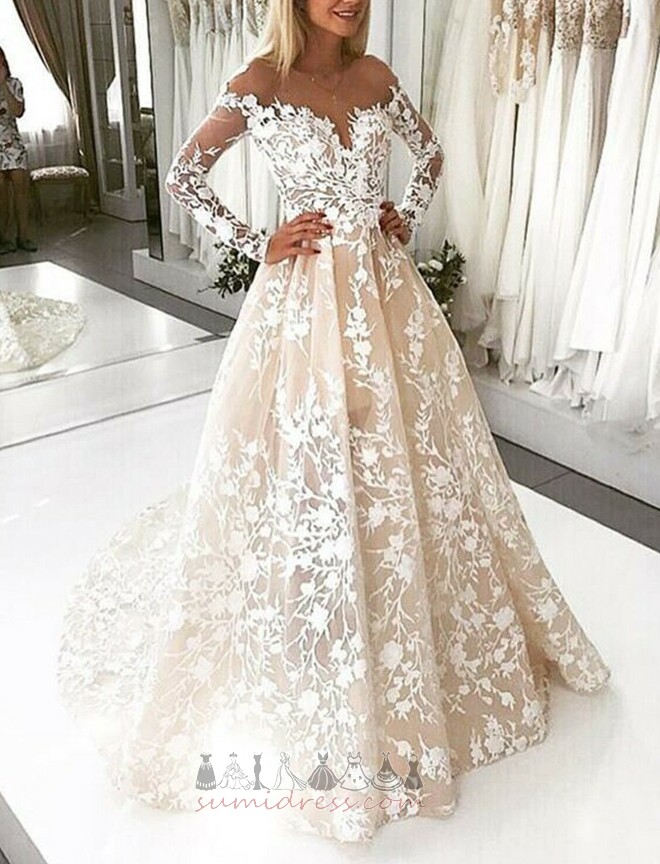 Illusion Sleeves Long Sleeves Backless Accented Rosette A-Line Wedding skirt