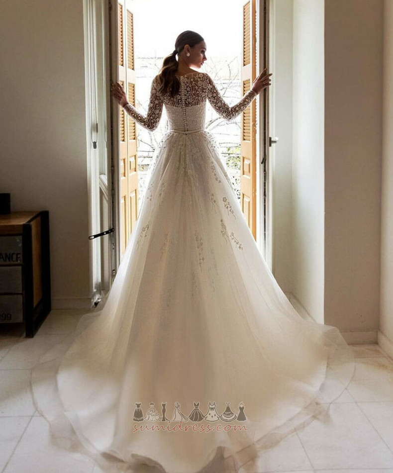 Illusion Sleeves Medium Natural Waist Lace Sheer Back Lace Wedding Dress