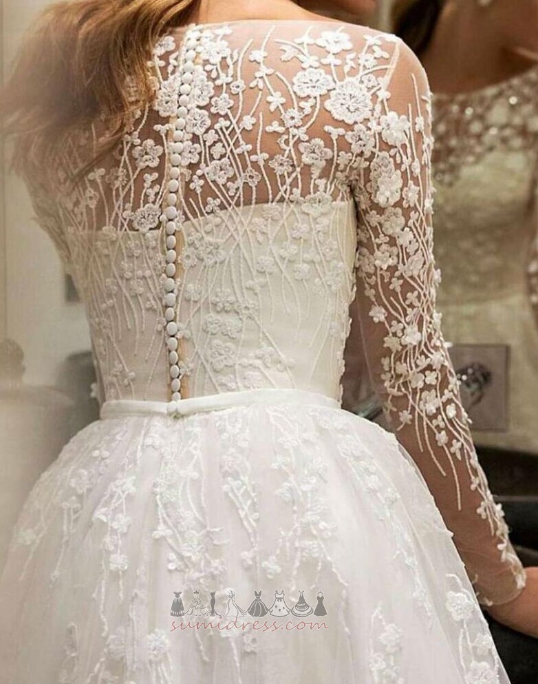Illusion Sleeves Medium Natural Waist Lace Sheer Back Lace Wedding Dress
