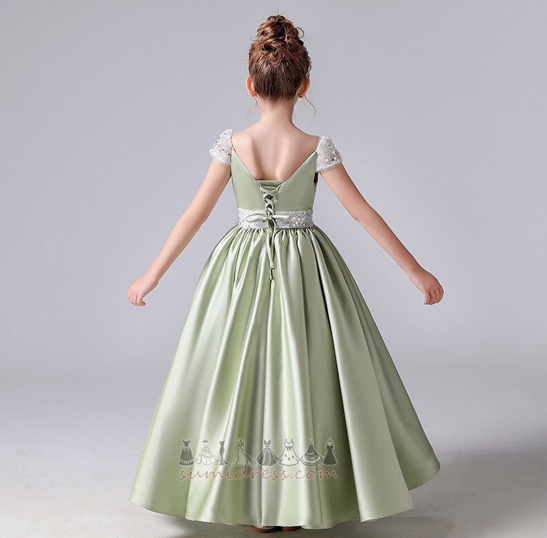 Illusion Sleeves Natural Waist Sleeveless Beaded Belt A-Line Flower Girl Dress
